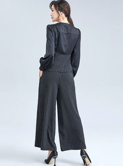 V-neck Openwork Striped Wide Leg Pant Suits