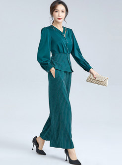 V-neck Openwork Striped Wide Leg Pant Suits