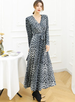 V-neck Leopard Split Party Maxi Dress