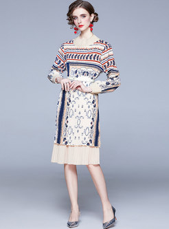Print Patchwork A Linger Pleated Dress