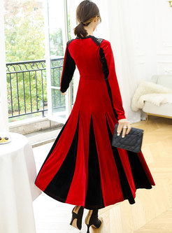 Color-blocked Lace Patchwork Velvet Maxi Dress