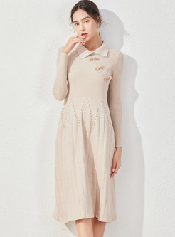 Lapel Retro Improved Cheongsam Knitted Dress