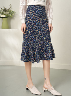 High Waisted Floral Peplum Midi Skirt