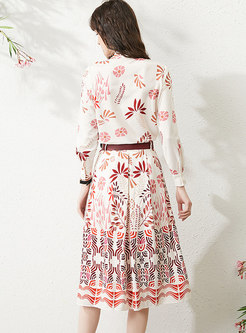Lapel Print High Waisted A Line Midi Skirt Dress