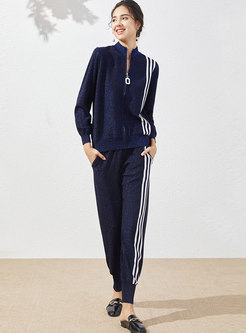 Color-blocked Striped Knitted Casual Pant Suits