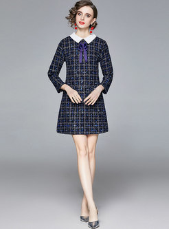 Tweed Plaid Bowknot A Line Mini Dress
