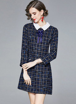 Tweed Plaid Bowknot A Line Mini Dress