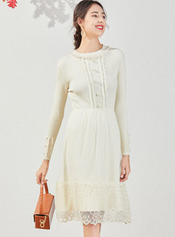 Beaded Lace Patchwork Sweater A Line Dress