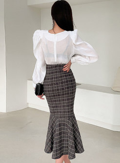 Puff Sleeve Ruched Blouse & Plaid Asymmetric Skirt