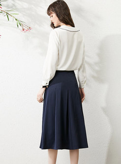Lapel Satin Long Sleeve A Line Skirt Suits