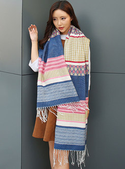 Color-blocked Plaid Faux Cashmere Fringed Scarf