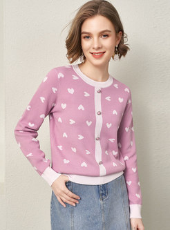 Pink Crew Neck Print Pullover Sweater