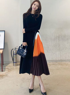 Color-blocked Long Sleeve Knitted Maxi Dress