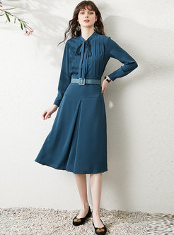Bowknot Satin A Line Pleated Skirt Suits