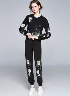 Embroidered Pullover Sweatshirt Pant Suits
