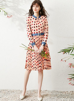 Color-blocked Polka Dot A Line Pleated Dress
