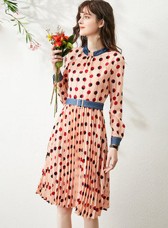 Color-blocked Polka Dot A Line Pleated Dress