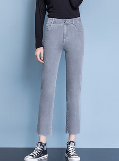 High Waisted Solid Denim Straight Pants