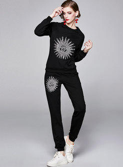 Sequin Embroidered Pullover Sweatshirt Pant Suits