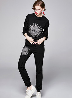 Sequin Embroidered Pullover Sweatshirt Pant Suits