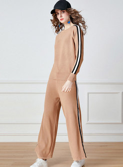 Crew Neck Striped Patchwork Knitted Pant Suits