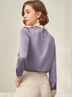 Color-blocked Satin Mesh Pullover Blouse