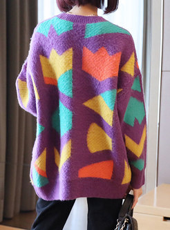 Color-blocked Crew Neck Pullover Loose Sweater