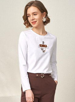 Crew Neck Embroidered Pullover Cotton T-shirt