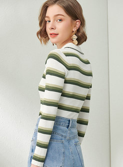 Turn Down Collar Striped Slim Sweater
