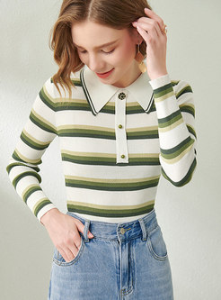 Turn Down Collar Striped Slim Sweater