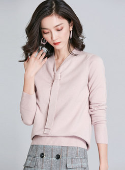 V-neck Ribbon Long Sleeve Pullover Sweater