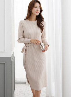 Solid Long Sleeve Split Midi Sweater Dress