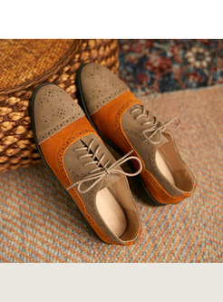 Rounded Toe Openwork Color-blocked Lace-up Shoes