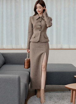 Long Sleeve Slim Coat & Sheath Slit Maxi Skirt