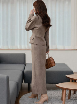 Long Sleeve Slim Coat & Sheath Slit Maxi Skirt