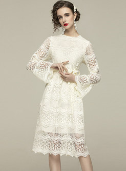 Flare Sleeve Lace Openwork A Line Dress