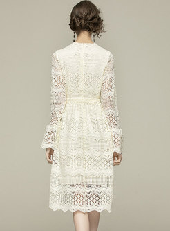 Flare Sleeve Lace Openwork A Line Dress