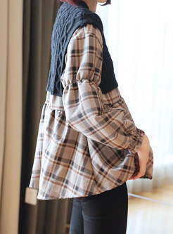 Knitted Patchwork Plaid Lantern Sleeve Blouse