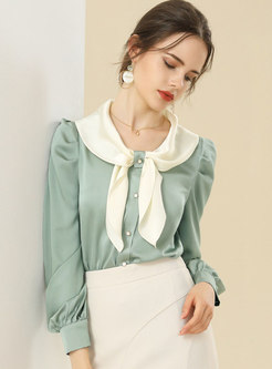Color-blocked Bowknot Single-breasted Satin Blouse