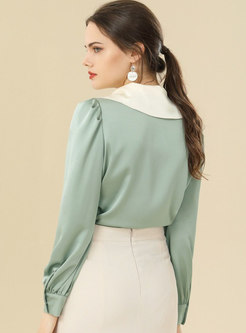 Color-blocked Bowknot Single-breasted Satin Blouse