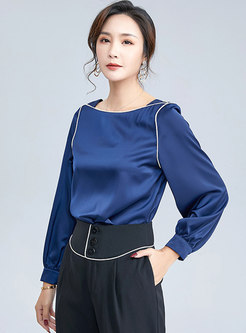 Crew Neck Color-blocked Pullover Blouse