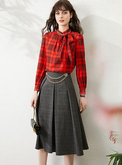 Bowknot Plaid High Waisted Midi Skirt Suits