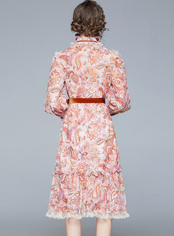 Lapel Lace Patchwork Floral A Line Midi Dress