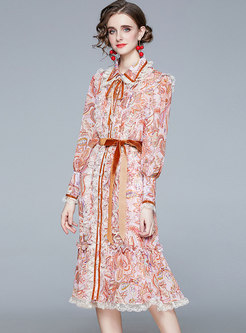Lapel Lace Patchwork Floral A Line Midi Dress
