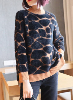 Color-blocked Leopard Pullover Loose Sweater