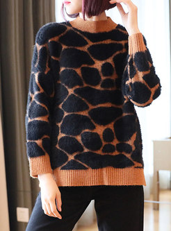 Color-blocked Leopard Pullover Loose Sweater