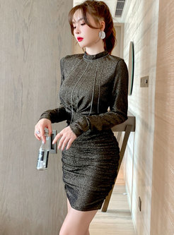 Long Sleeve Ruched Fringed Bodycon Dress