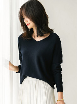 Solid V-neck Pullover Loose Sweater