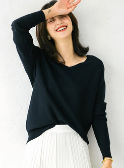 Solid V-neck Pullover Loose Sweater