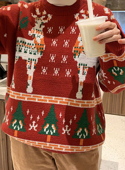 Crew Neck Christmas Deer Print Pullover Sweater